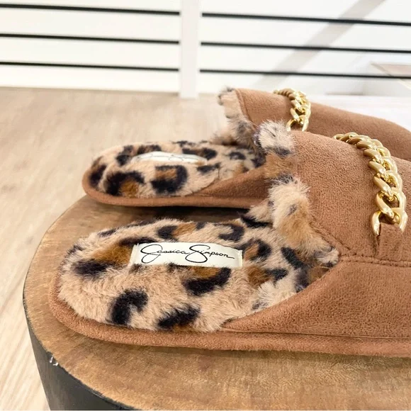 S M L NWT Jessica Simpson brown and gold fuzzy slippers with cheetah print - Picture 9 of 13